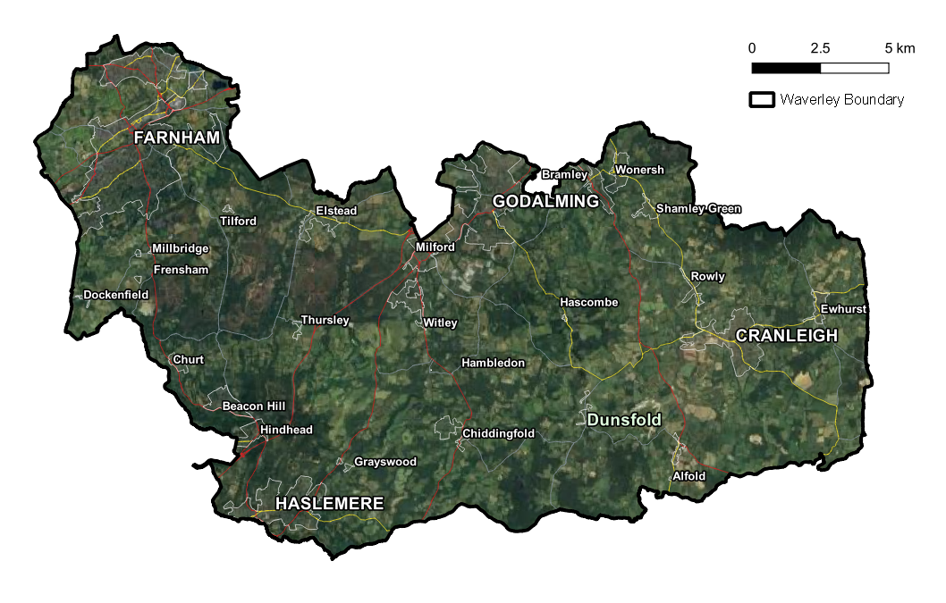 Map of Waverley covering the Waverley Local Plan boundary  and the entire administrative area(ONS code E07000216).